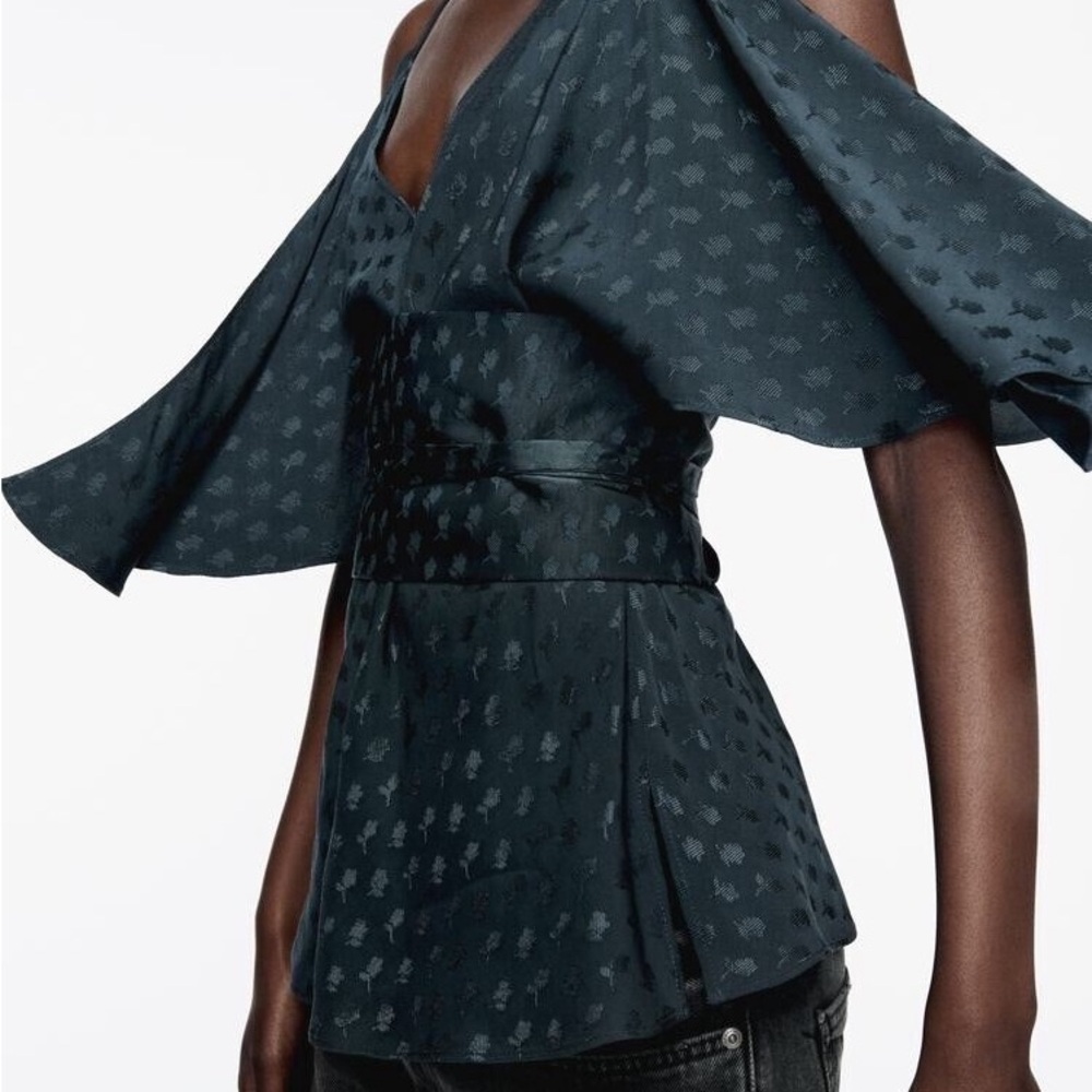 Zara Jacquard Tied Waist Belt Woman Collection Petrol Blue